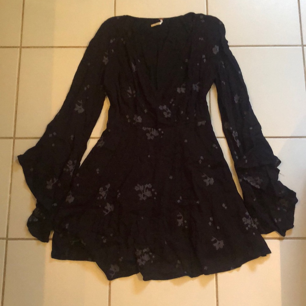 Free People black dress w/ gray floral embroidery